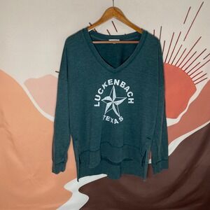 Z Supply Womens LUCKENBACH TEXAS Graphic V Neck Long Sleeve Sweatshirt Green